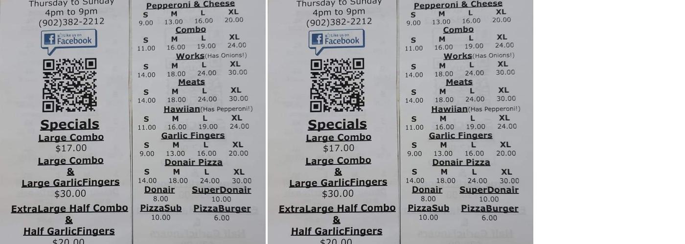 Lyons Brook Pizza Menu