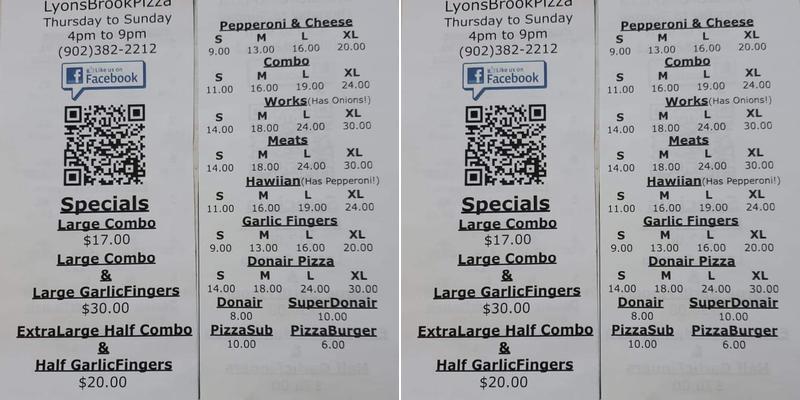 Lyons Brook Pizza Menu