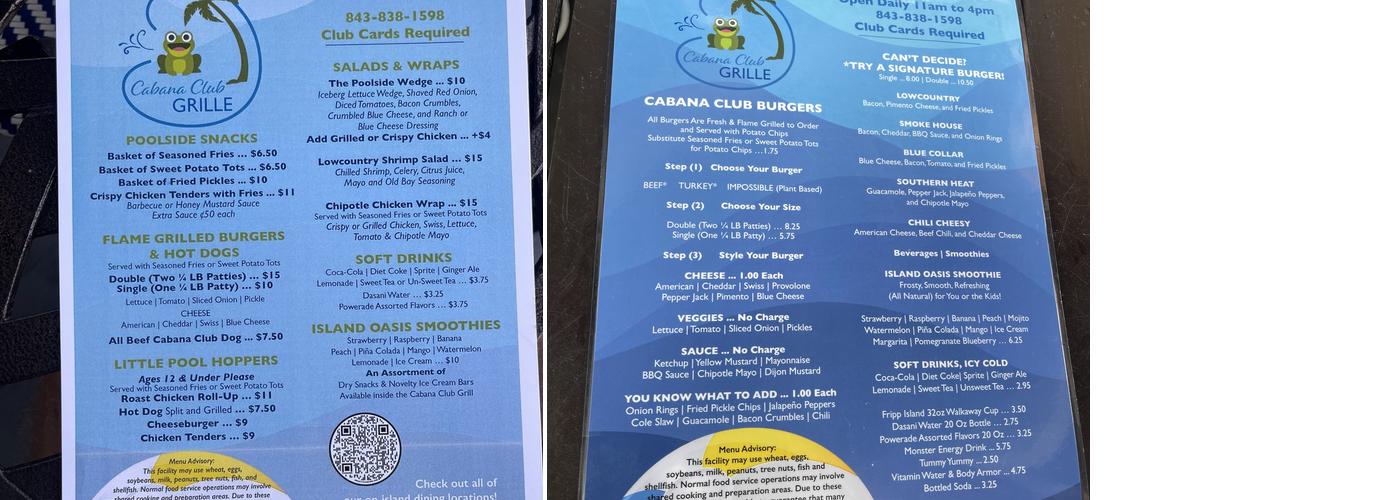 Cabana Club Poolside Grille Menu