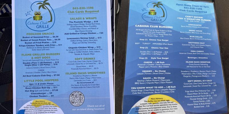 Cabana Club Poolside Grille Menu