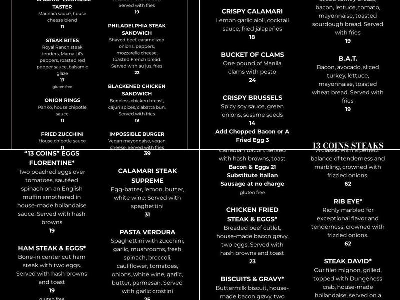 13 Coins Vancouver Menu