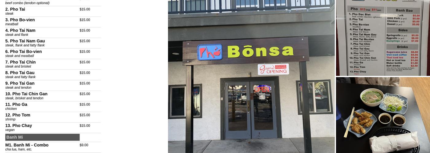 Pho Bonsa Menu
