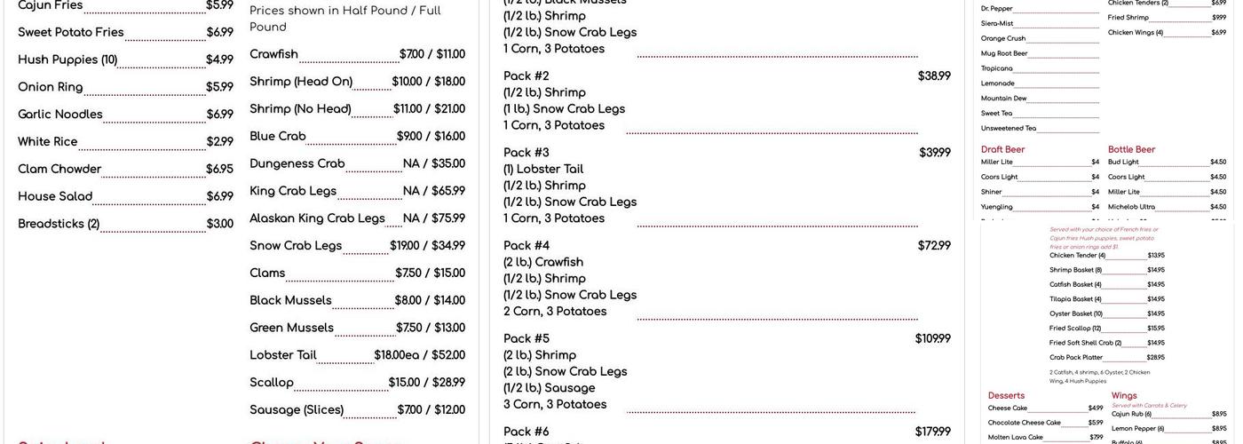 Crab Pack Menu
