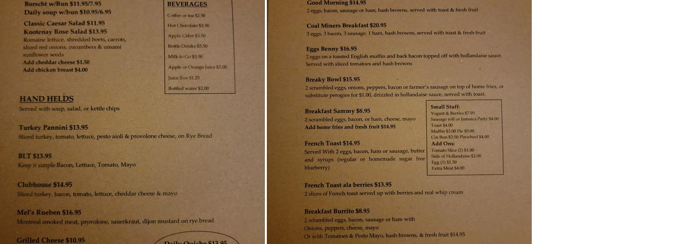 Mel's Kitchen Menu