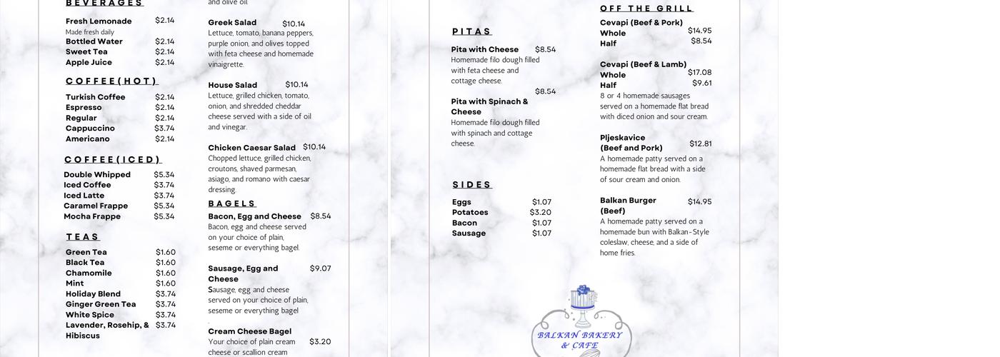 Balkan Bakery & Cafe Menu