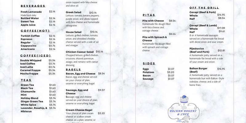 Balkan Bakery & Cafe Menu