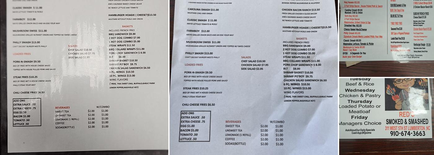 Red's smoked & smashed Menu