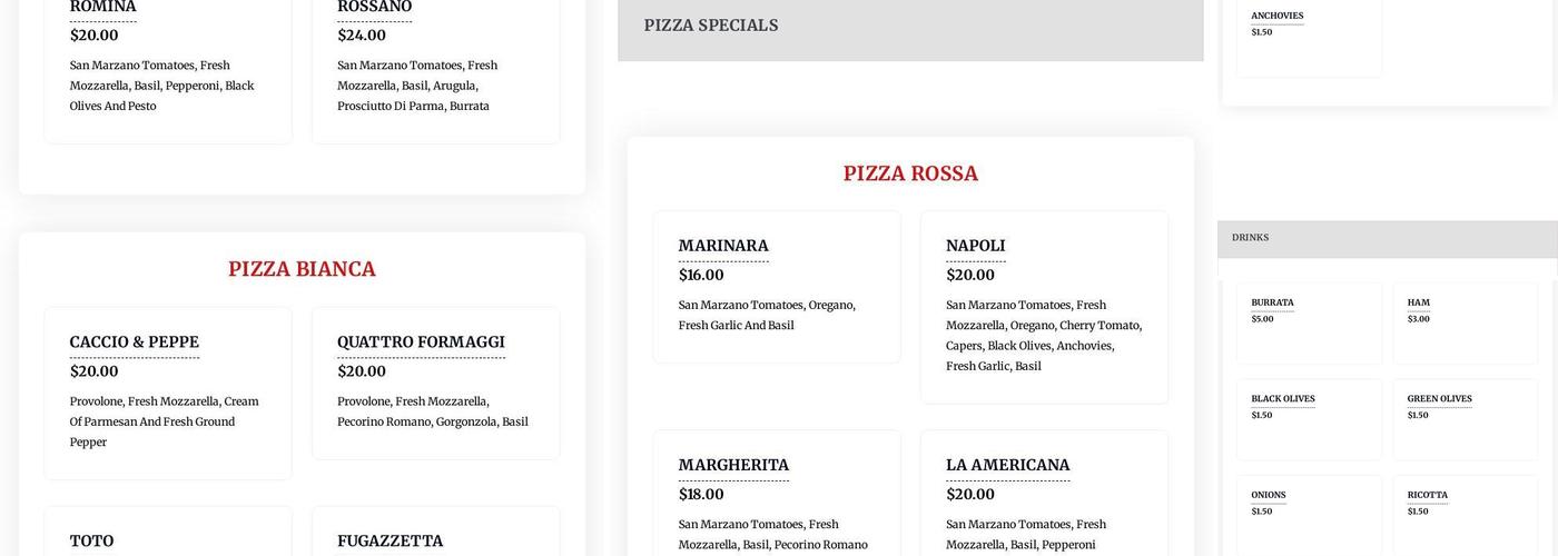 Rossanos pizzas Menu