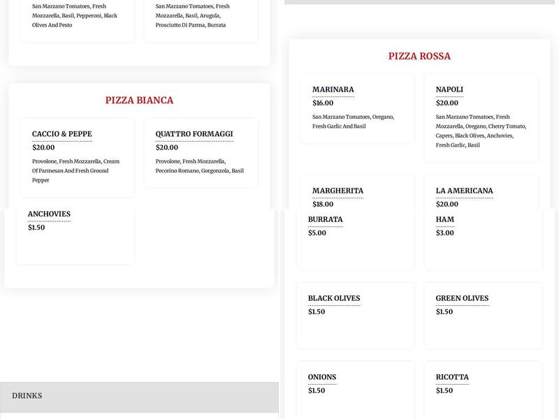 Rossanos pizzas Menu