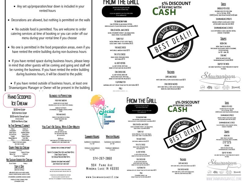 Social Ice Cream and Sandwich Shop Menu