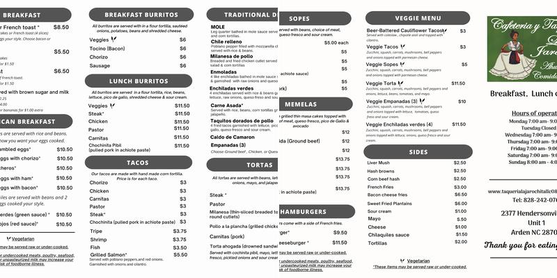 Cafeteria & Taqueria La Jarochita Menu