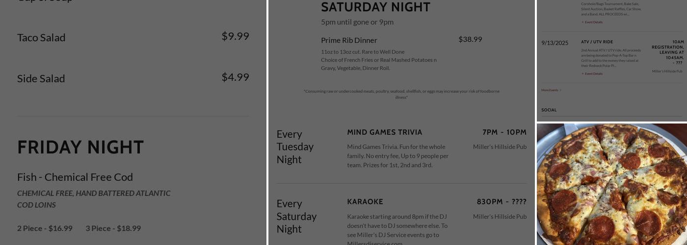 Miller's Hillside Pub Menu