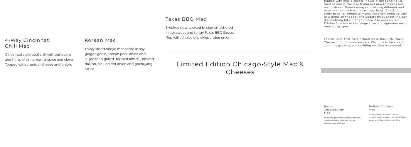 Mac Daddy's Mac and Cheese Menu