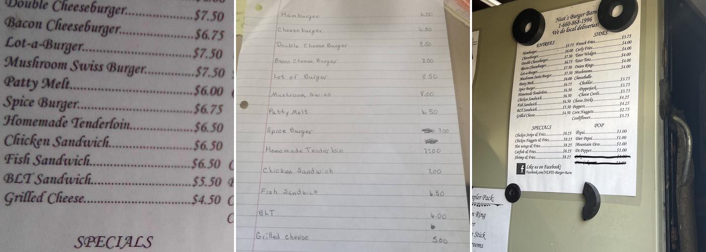 Neats burger barn Menu