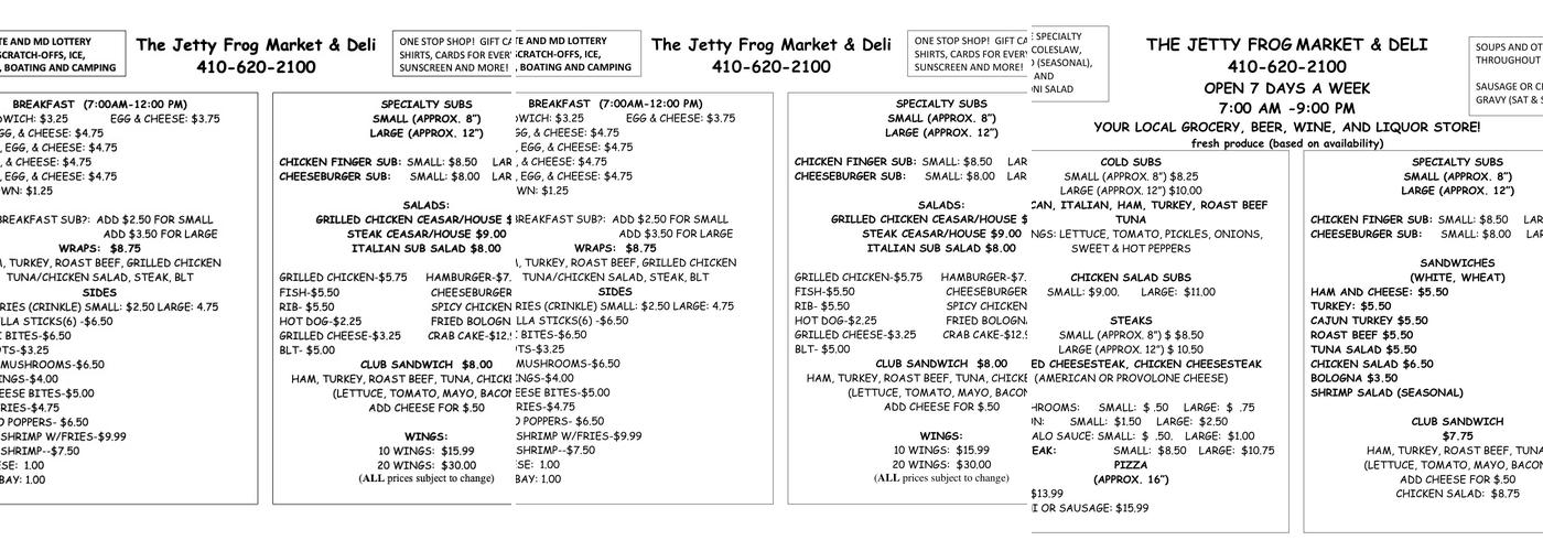 The Jetty Frog Market and Deli Menu