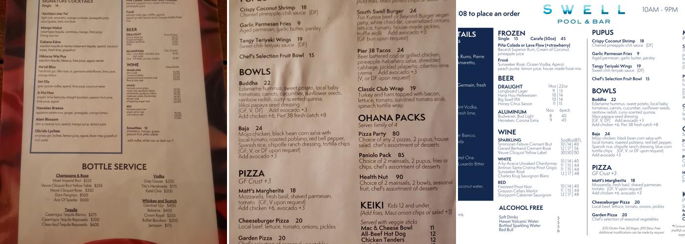 Swell Restaurant and Pool Bar Menu