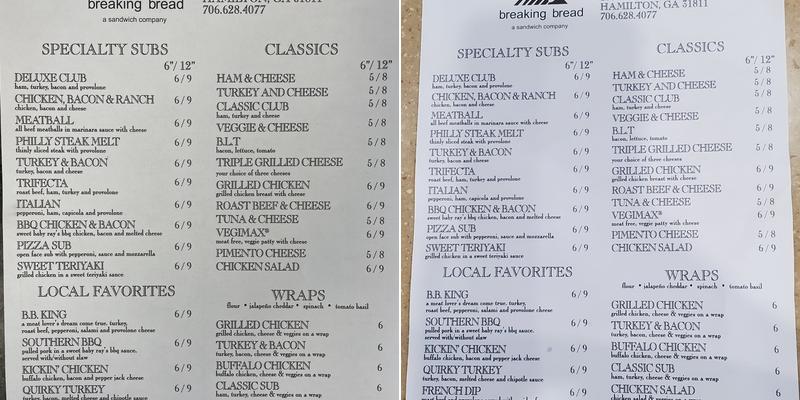 Breaking Bread Menu