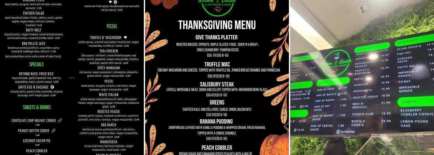 Down 2 Earth Plant Based Cuisine Menu