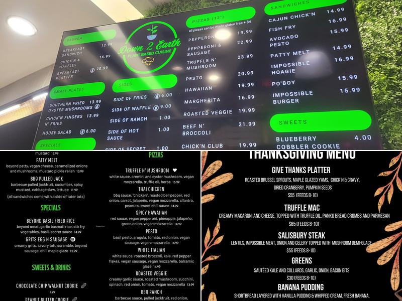 Down 2 Earth Plant Based Cuisine Menu