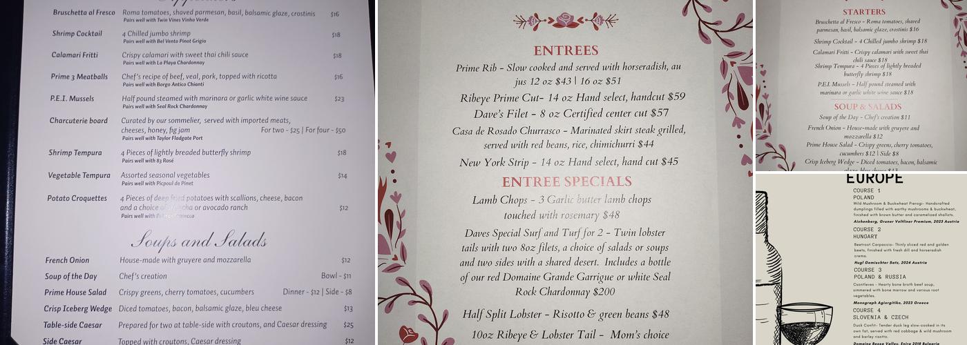 Prime 3 on Main Steakhouse Menu