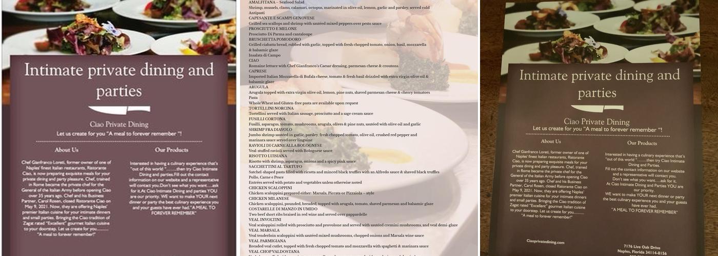 Ciao Private Dining Menu