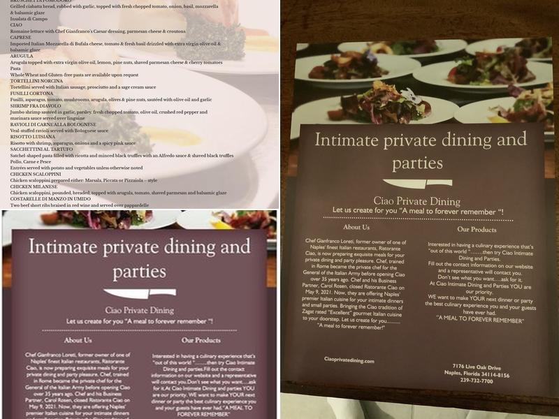 Ciao Private Dining Menu