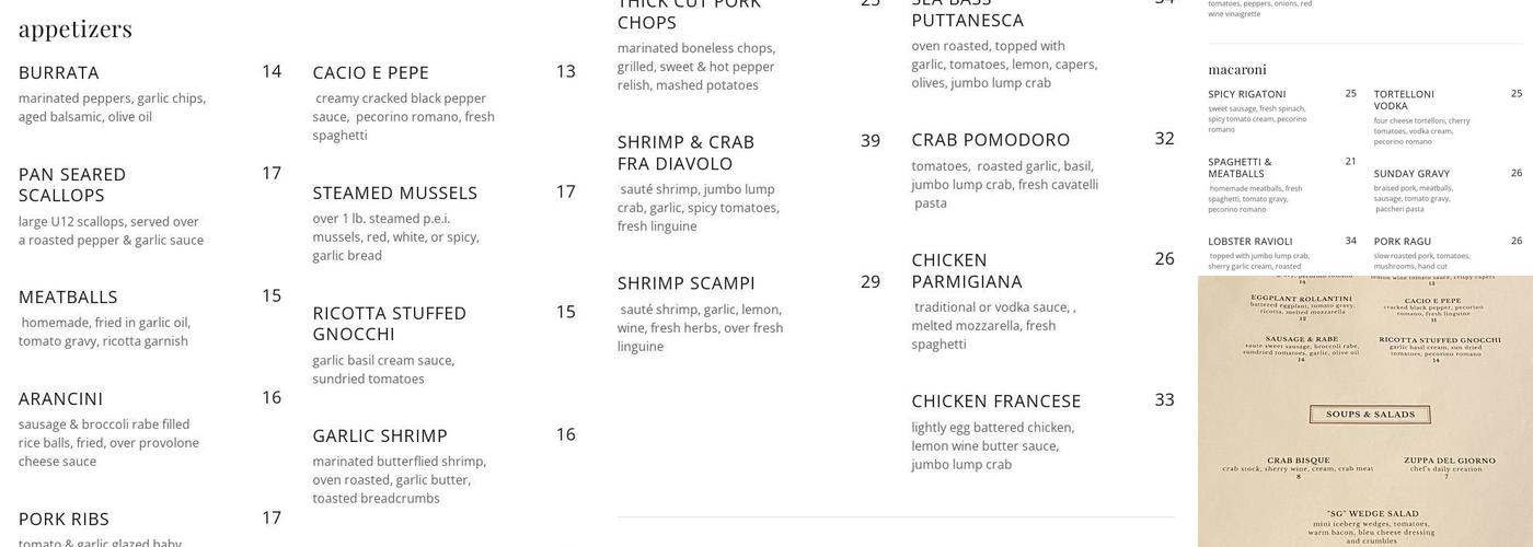 Sunday Gravy NJ Menu