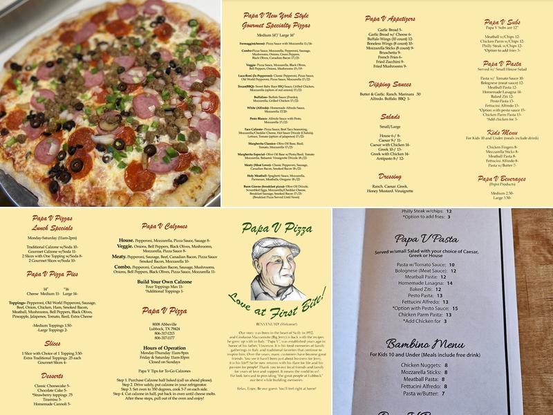 Papa V Pizza Menu