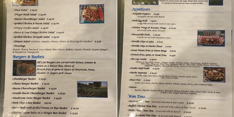 Tin Cup at Marian Hills Menu
