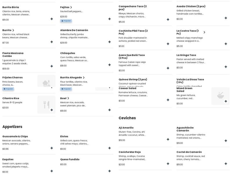 La Diosa taqueria calle 8 Menu