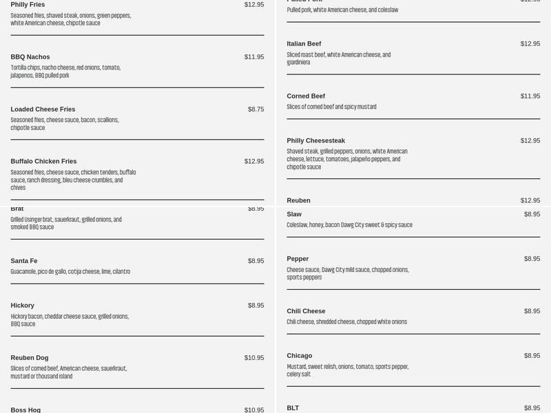 Dawg City HotDog Menu