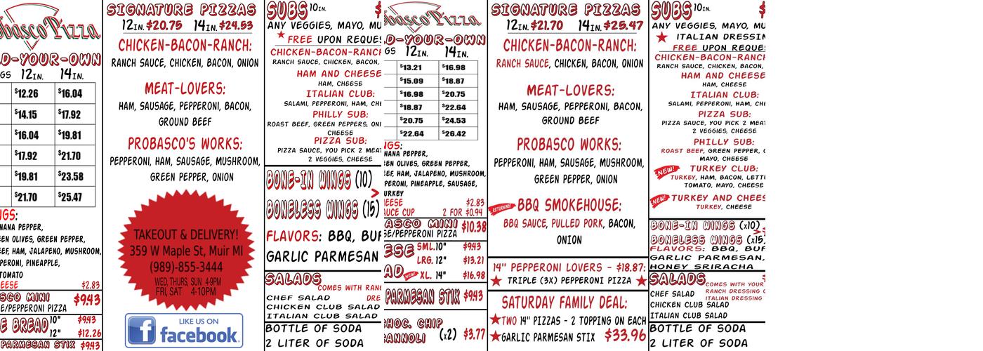 Probasco Pizza Menu