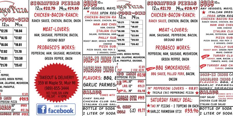 Probasco Pizza Menu