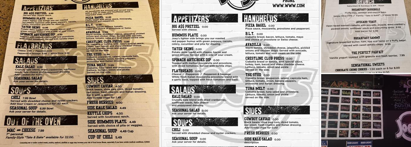 Joeys pub and cafe Menu