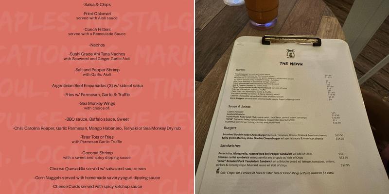 Sea Monkey Tavern & Grill Menu