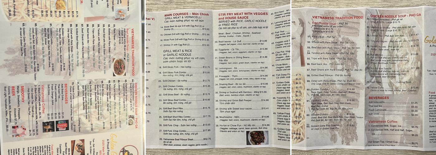 Golden Gate Pho Menu