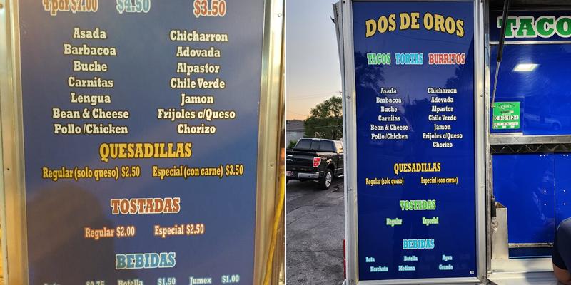 Dos De Oros Menu