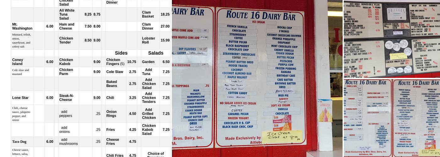 Rt. 16 Dairy Bar Menu