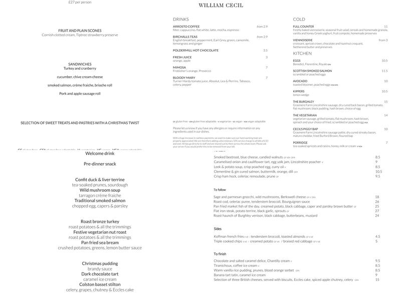 William Cecil Hotel Menu