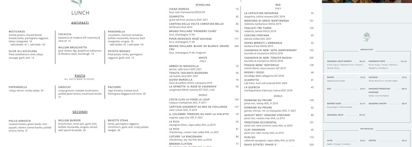 Willow Menu