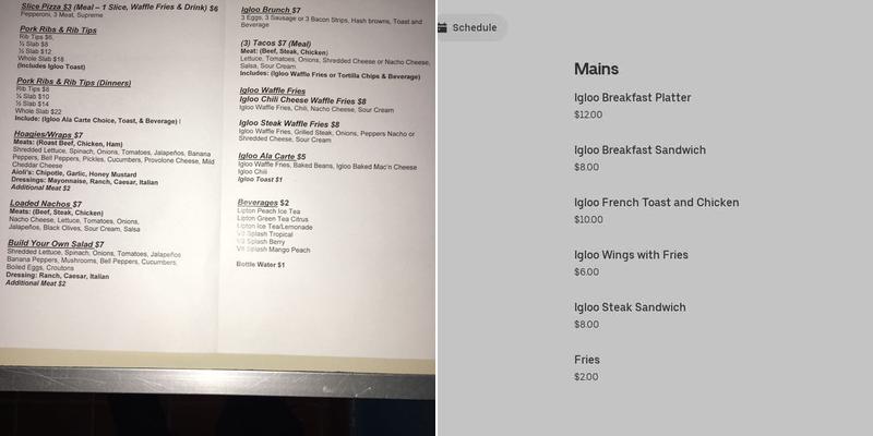The Igloo Cafe Menu
