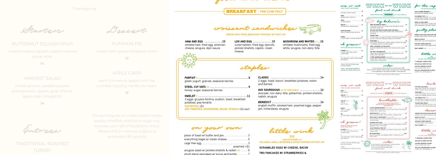 Wink Wink Food and Drink Menu