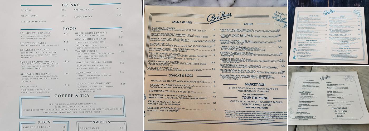 Ben Paris Menu