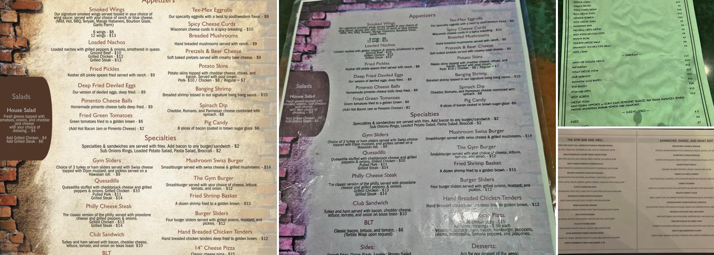 The Gym Bar and Grill Menu