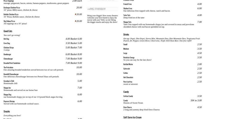 The Skyline Cafe Menu