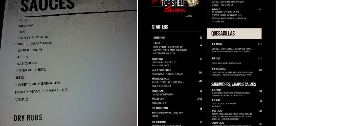 Top shelf Tavern Menu