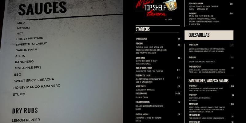 Top shelf Tavern Menu