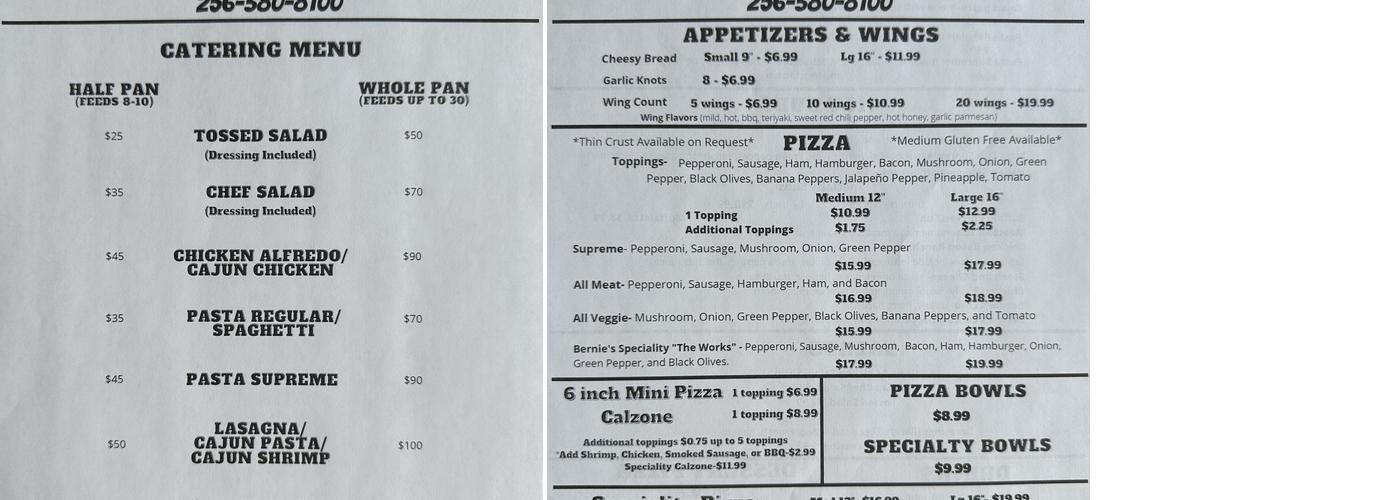 Bernie's Place Skyline Menu