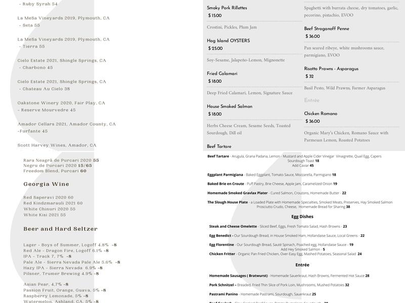 The Slough House Kitchen Menu