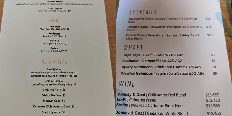 Chief's Peak Menu